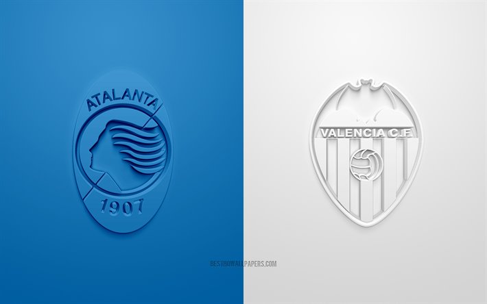 Atalanta vs Valencia, UEFA Champions League, 3D logos, promotional materials, blue white background, Champions League, football match, Atalanta, Valencia CF