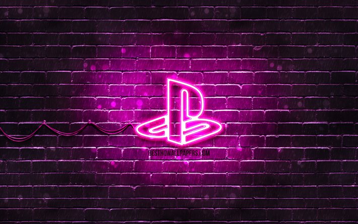 PlayStation violette logo, 4k, violet brickwall, PlayStation logo, marques, PlayStation n&#233;on logo PlayStation