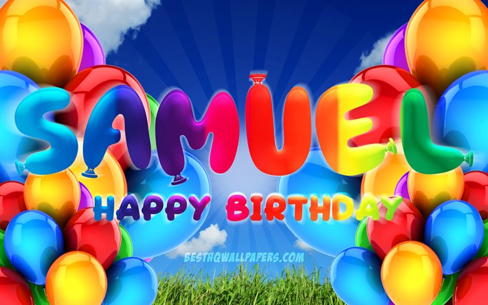 サミュエル-お誕生日おめで, 4k, 曇天の背景, ドイツの人気男性の名前, 誕生パーティー, カラフルなballons, サミュエル名, お誕生日おめであるサミュエル-, 誕生日プ, サミュエル-誕生日, サミュエル