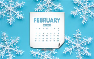 2020 februar kalender, wei&#223;e schneeflocken, blauer hintergrund, wei&#223;es papier-element, 2020 konzepte, 2020 kalender, februar, winter