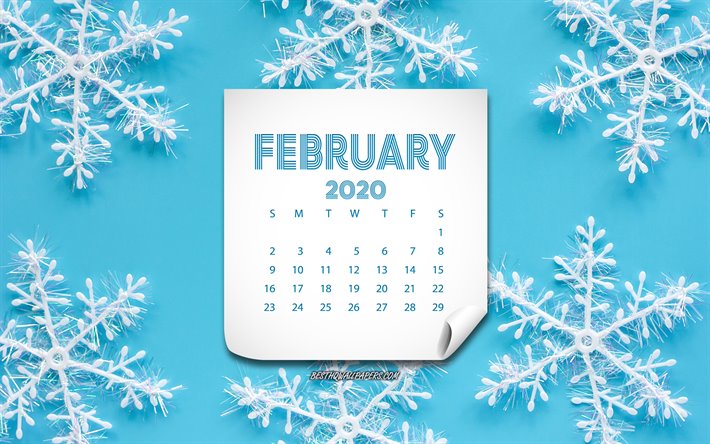 2020 Helmikuu Kalenteri, valkoinen lumihiutaleet, sininen tausta, valkoinen paperi elementti, 2020 k&#228;sitteit&#228;, 2020 kalenteri, Helmikuuta, talvi