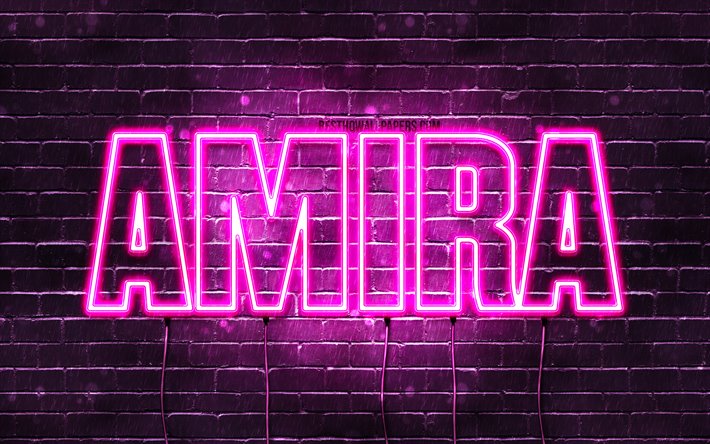 Amira, 4k, tapeter med namn, kvinnliga namn, Amira namn, lila neon lights, &#246;vergripande text, bild med Amira namn