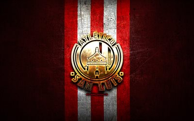 Atletico San Luis FC, logo dorato, Liga MX, rosso, metallo, sfondo, calcio, Club Atl&#233;tico de San Luis, messicana di calcio club Atletico San Luis logo, Messico