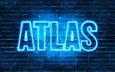 Atlas, 4k, pap&#233;is de parede com os nomes de, texto horizontal, Atlas nome, luzes de neon azuis, imagem com o nome de Atlas