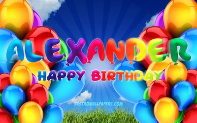 Alexander Happy Birthday, 4k, cloudy sky background, popular german male names, Birthday Party, colorful ballons, Alexander name, Happy Birthday Alexander, Birthday concept, Alexander Birthday, Alexander