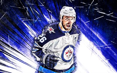 Blake Wheeler, NHL, grunge arte, Winnipeg Jets, estrelas do h&#243;quei no gelo, James Blake Wheeler, h&#243;quei, azul resumo raios, jogadores de h&#243;quei, Blake Wheeler Winnipeg Jets