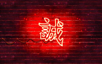 ehrlich hieroglyphe kanji, 4k, neon-japanischen hieroglyphen, kanji, japanische symbol f&#252;r ehrliche, rot brickwall, ehrlich, japanische schriftzeichen, rot, neon-symbole, ehrlich japanischen zeichen