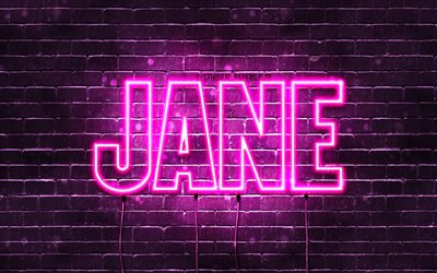 Jane, 4k, taustakuvia nimet, naisten nimi&#228;, Jane nimi, violetti neon valot, vaakasuuntainen teksti, kuva Jane nimi