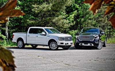 2019, ford f-150 begrenzte, gmc denali, pickup-trucks, au&#223;en, vergleich f-150 gmc denali, neue wei&#223;e f-150, new blue gmc denali, american cars, gmc, ford