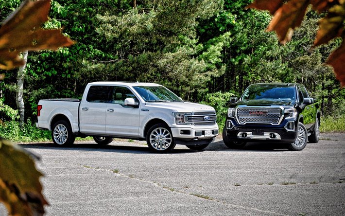 En 2019, le Ford F-150 Limited, GMC Denali, des camions de collecte, &#224; l&#39;ext&#233;rieur, la comparaison, la F-150 et Denali de GMC, nouveau blanc F-150, new bleu Denali de GMC, des voitures am&#233;ricaines, GMC, Ford