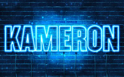 Kameron, 4k, fondos de pantalla con los nombres, el texto horizontal, Kameron nombre, luces azules de ne&#243;n, imagen con Kameron nombre