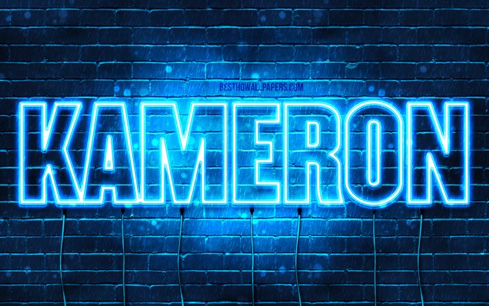 Kameron, 4k, taustakuvia nimet, vaakasuuntainen teksti, Kameron nimi, blue neon valot, kuva Kameron nimi