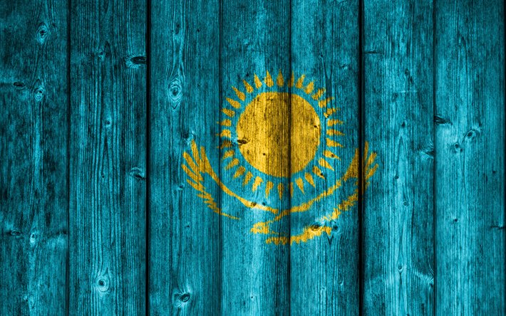 旗のカザフスタン, 木板, 木の背景, 木肌, カザフスタンのフラグ