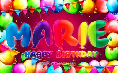 Happy Birthday Marie, 4k, colorful balloon frame, Marie name, purple background, Marie Happy Birthday, Marie Birthday, popular german female names, Birthday concept, Marie