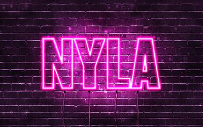 Nyla, 4k, fondos de pantalla con los nombres, los nombres femeninos, Nyla nombre, p&#250;rpura luces de ne&#243;n, el texto horizontal, imagen con Nyla nombre