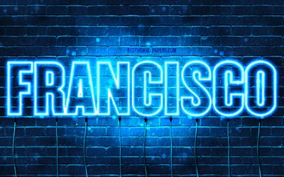 Francisco, 4k, isimler Francisco adıyla, yatay metin, Francisco adı, mavi neon ışıkları, resimli duvar kağıtları