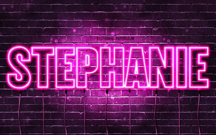 Stephanie, 4k, adları Stephanie adı ile, Bayan isimleri, Stephanie adını, mor neon ışıkları, yatay metin, resim ile duvar kağıtları