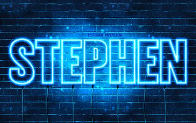 Stephen, 4k, pap&#233;is de parede com os nomes de, texto horizontal, Stephen nome, luzes de neon azuis, imagem com Stephen nome