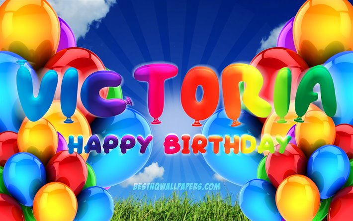 Victoria Happy Birthday, 4k, cloudy sky background, popular german female names, Birthday Party, colorful ballons, Victoria name, Happy Birthday Victoria, Birthday concept, Victoria Birthday, Victoria