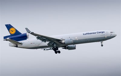 McDonnell Douglas MD-11, cargo airplane, MD-11F, air travel, Lufthansa Cargo, airplane in the sky, McDonnell Douglas