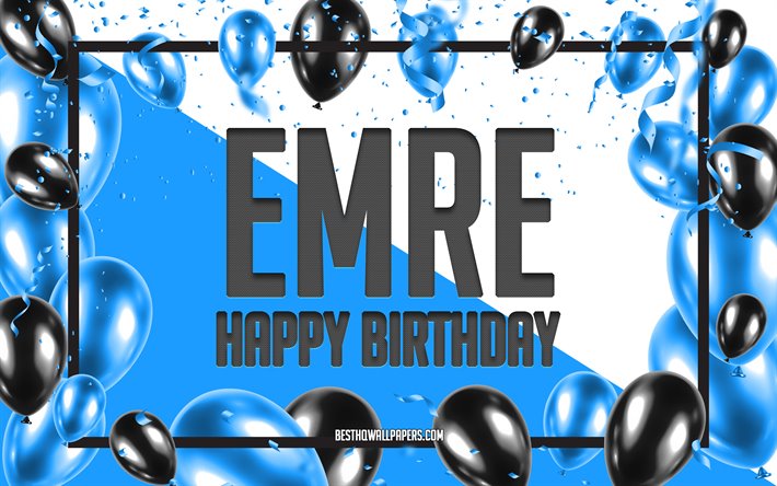 Happy Birthday Emre, Birthday Balloons Background, Emre, wallpapers with names, Emre Happy Birthday, Blue Balloons Birthday Background, greeting card, Emre Birthday