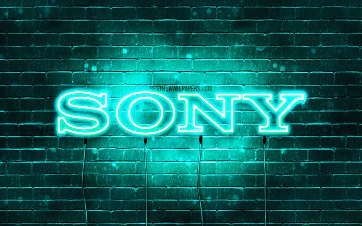 Sony turquoise logo, 4k, turquoise brickwall, Sony logo, brands, Sony neon logo, Sony