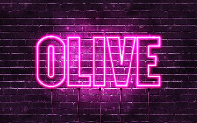 Olive, 4k, wallpapers with names, female names, Olive name, purple neon lights, horizontal text, picture with Olive name
