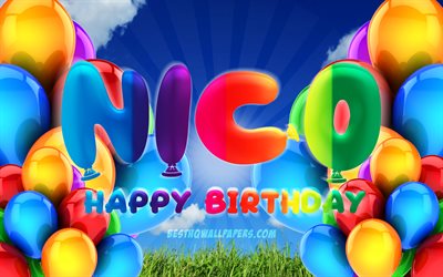 Nico Happy Birthday, 4k, cloudy sky background, popular german male names, Birthday Party, colorful ballons, Nico name, Happy Birthday Nico, Birthday concept, Nico Birthday, Nico