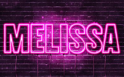 Melissa, 4k, wallpapers with names, female names, Melissa name, purple neon lights, horizontal text, picture with Melissa name