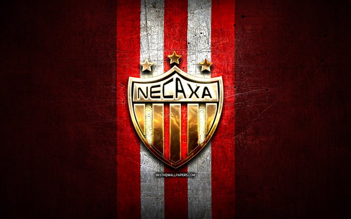 Club Necaxa FC, logo dor&#233;, Liga MX, rouge m&#233;tal, fond, football, Club Necaxa, mexicain, club de football, Club Necaxa logo, le soccer, le Mexique