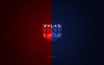 Volos FC, Greek football club, Super League Greece, red blue logo, red blue carbon fiber background, football, Volos, Greece, Volos FC logo