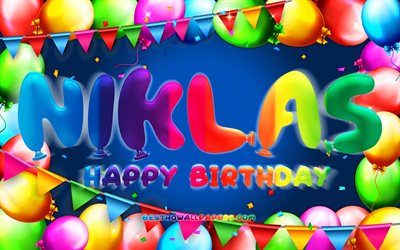 Happy Birthday Niklas, 4k, colorful balloon frame, Niklas name, blue background, Niklas Happy Birthday, Niklas Birthday, popular german male names, Birthday concept, Niklas