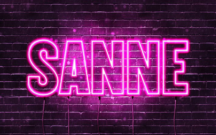 Sanne, 4k, bakgrundsbilder med namn, kvinnliga namn, Sanne namn, lila neonljus, Grattis p&#229; f&#246;delsedagen Sanne, popul&#228;ra holl&#228;ndska kvinnliga namn, bild med Sanne namn