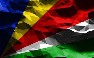 4k, Seyşeller bayrağı, d&#252;ş&#252;k poli sanat, Afrika &#252;lkeleri, ulusal semboller, Seyşeller Bayrağı, 3D bayraklar, Seyşeller, Afrika, Seyşeller 3D bayrak