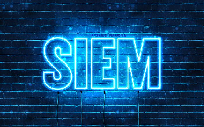 Siem, 4k, pap&#233;is de parede com nomes, nome Siem, luzes azuis de neon, Feliz Anivers&#225;rio Siem, nomes masculinos holandeses populares, foto com nome Siem