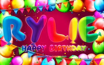 Happy Birthday Rylie, 4k, colorful balloon frame, Rylie name, purple background, Rylie Happy Birthday, Rylie Birthday, popular american female names, Birthday concept, Rylie