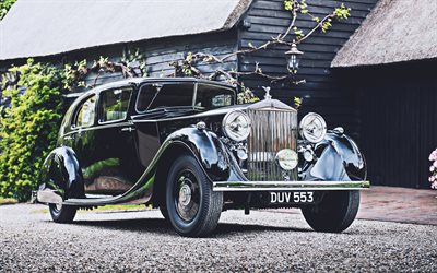 Rolls-Royce Phantom III Saloon, 4k, voitures r&#233;tro, voitures 1936, Mulliner, 3AX79, 1936 Rolls-Royce Phantom, Rolls-Royce
