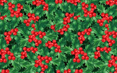 Texture de Noël, fond avec des baies rouges, feuilles vertes, fond de baies de Noël, fond rouge de baies, texture avec des baies peintes