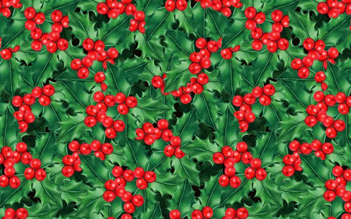 Christmas texture, background with red berries, green leaves, Christmas berries background, red berries background, texture with painted berries