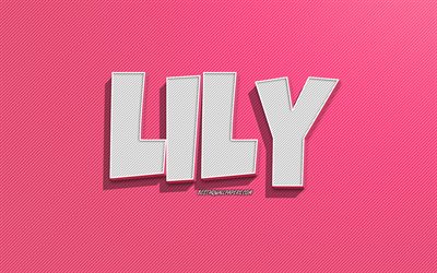 Lilja, rosa linjer bakgrund, bakgrundsbilder med namn, Lily namn, kvinnliga namn, Lily gratulationskort, linje konst, bild med Lily namn