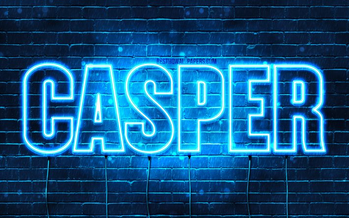 Casper, 4k, fonds d&#39;&#233;cran avec des noms, nom de Casper, n&#233;ons bleus, joyeux anniversaire Casper, noms masculins n&#233;erlandais populaires, photo avec le nom de Casper