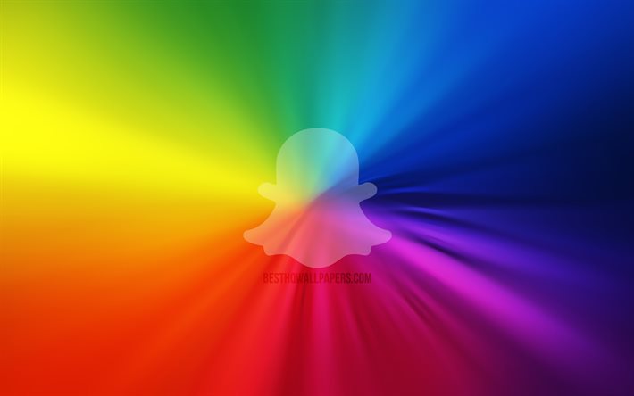Snapchatロゴ, 4k, vortex, ソーシャルネットワーク, 虹の背景, creative クリエイティブ, アートワーク, ブランド, Snapchat