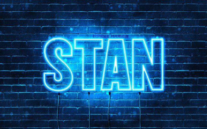 Stan, 4k, pap&#233;is de parede com nomes, nome de Stan, luzes de n&#233;on azuis, Happy Birthday Stan, nomes masculinos holandeses populares, imagem com o nome de Stan