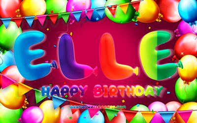 誕生日おめでとう, 4k, カラフルなバルーンフレーム, エルの名前, 紫色の背景, ジャクリーンの誕生日, 人気のアメリカ人女性の名前, 誕生日のコンセプト, エール