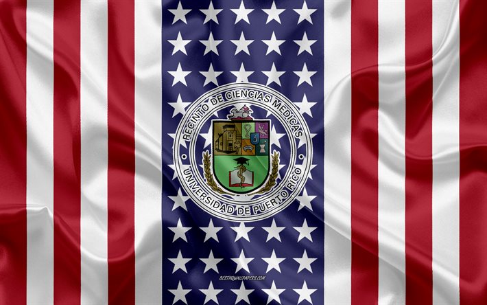 campus-emblem der medizinischen wissenschaften der universit&#228;t von puerto rico, amerikanische flagge, campus-logo der medizinischen wissenschaften der universit&#228;t von puerto rico, san juan, puerto rico, usa