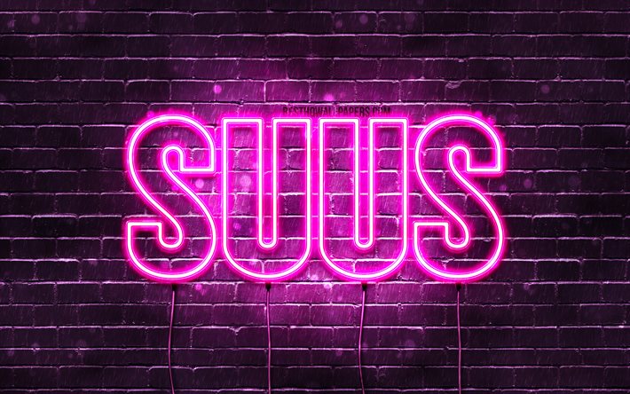 Suus, 4k, wallpapers with names, female names, Suus name, purple neon lights, Happy Birthday Suus, popular dutch female names, picture with Suus name