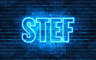 Stef, 4k, pap&#233;is de parede com nomes, nome Stef, luzes de n&#233;on azuis, Feliz Anivers&#225;rio Stef, nomes masculinos holandeses populares, foto com o nome Stef