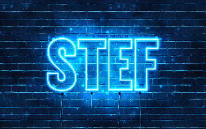 Stef, 4k, isimli duvar kağıtları, Stef adı, mavi neon ışıklar, Mutlu Yıllar Stef, pop&#252;ler Hollandalı erkek isimleri, Stef adıyla resim