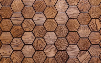 wooden hexagons, 4k, hexagons 3D texture, wooden honeycomb, hexagons patterns, hexagons textures, 3D textures, wooden backgrounds, honeycomb, wooden textures