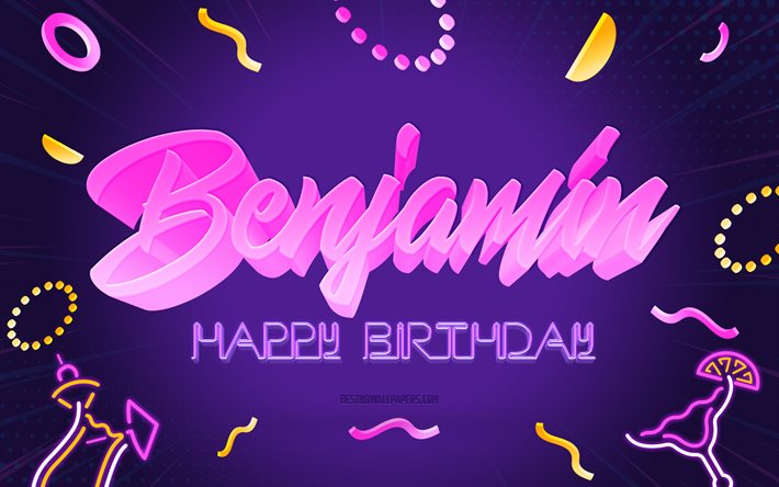 お誕生日おめでとうベンジャミン, 4k, 紫のパーティーの背景, ベンジャミン, クリエイティブアート, ベンジャミンお誕生日おめでとう, ベンジャミンの名前, ベンジャミンの誕生日, 誕生日パーティーの背景